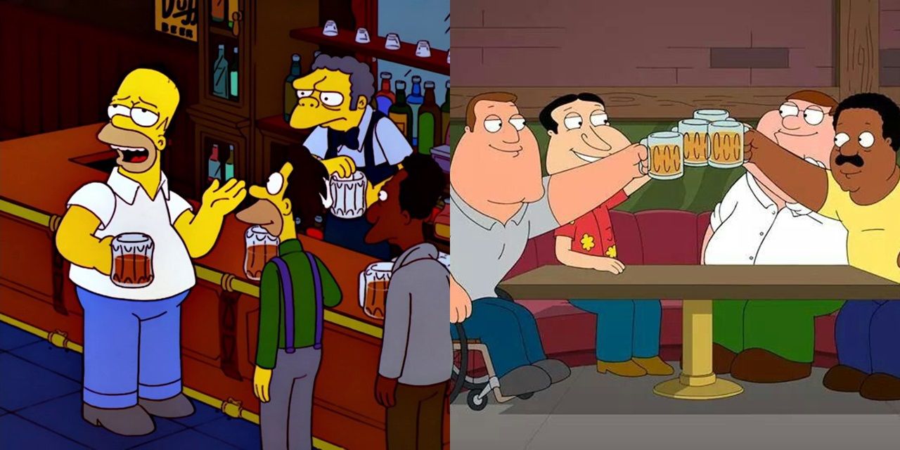 Split image of Homer Simpson at Moe's and Peter Griffin at the Clam