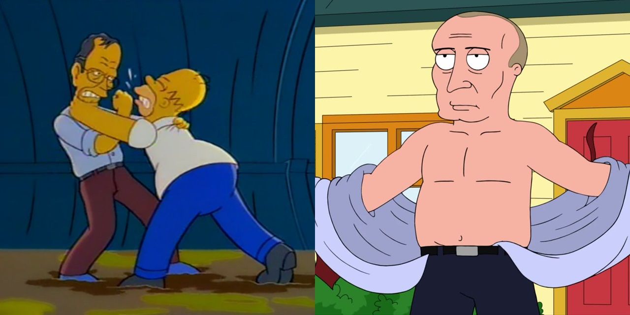Split image of Homer Simpson fighting George HW Bush and Vladimir Putin in Family Guy