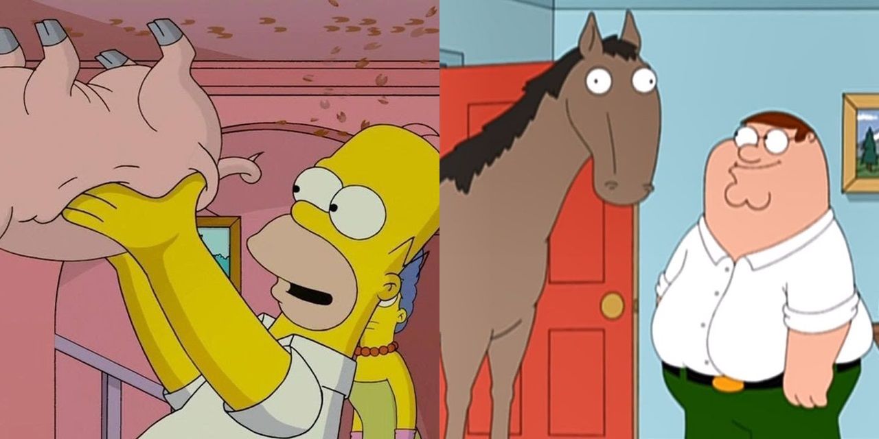 Split image of Homer Simpson with a pig and Peter Griffin with a horse