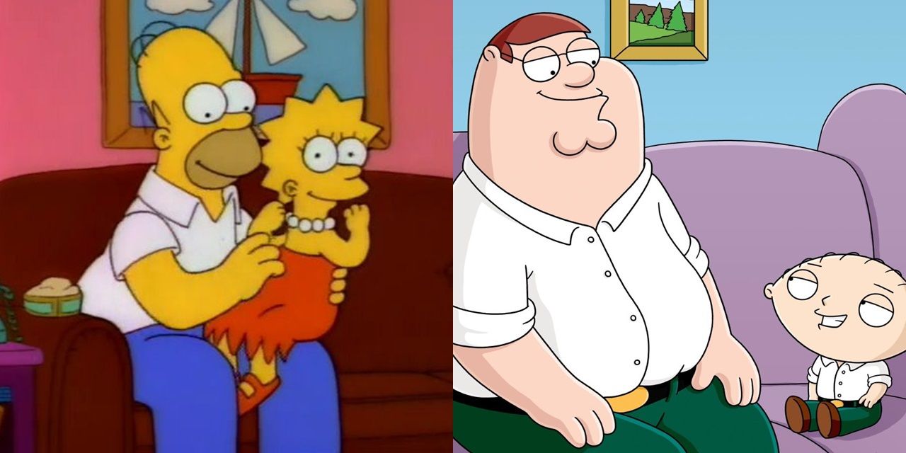 Split image of Homer and Lisa in The Simpsons and Peter and Stewie in Family Guy