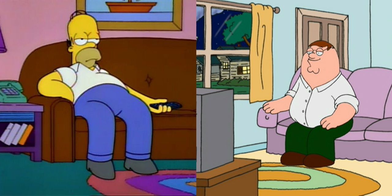 Split image of Homer watching TV in The Simpsons and Peter watching TV in Family Guy