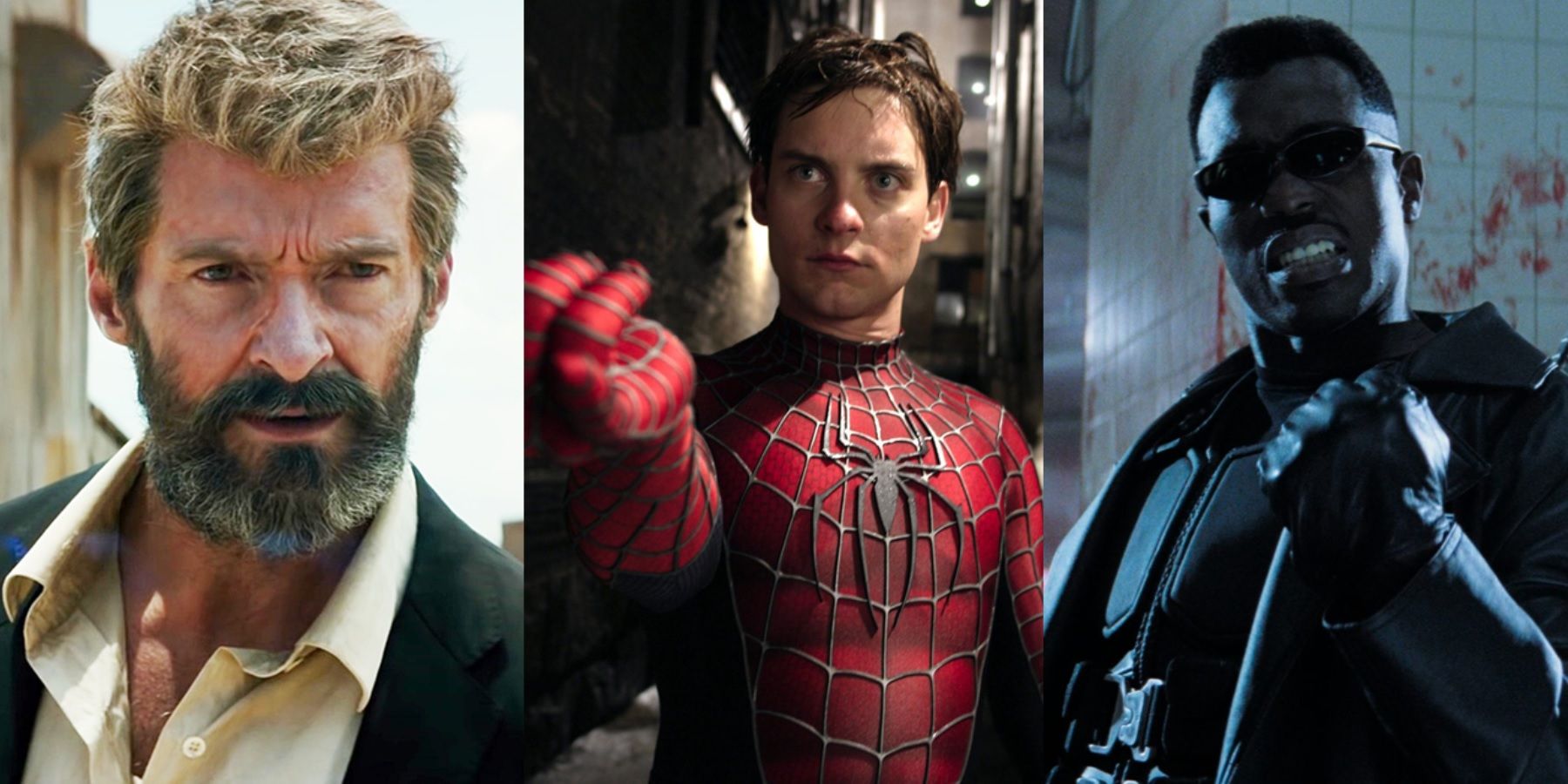 Split image of Hugh Jackman as Wolverine, Tobey Maguire as Spider-Man, and Wesley Snipes as Blade