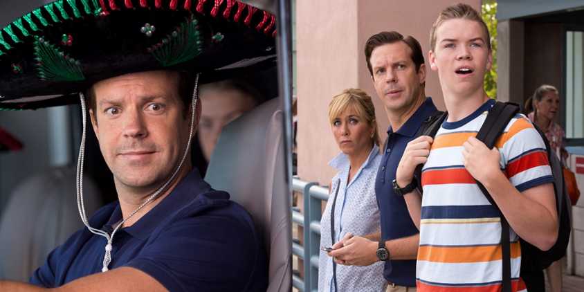 Split image of Jason Sudeikis wearing a sombrero and the fake family in We're the Millers