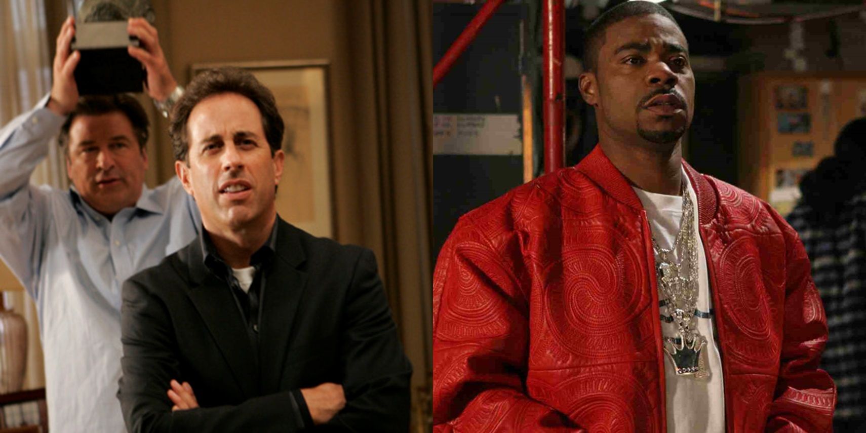 Split image of Jerry Seinfeld, Alec Baldwin, and Tracy Morgan in 30 Rock