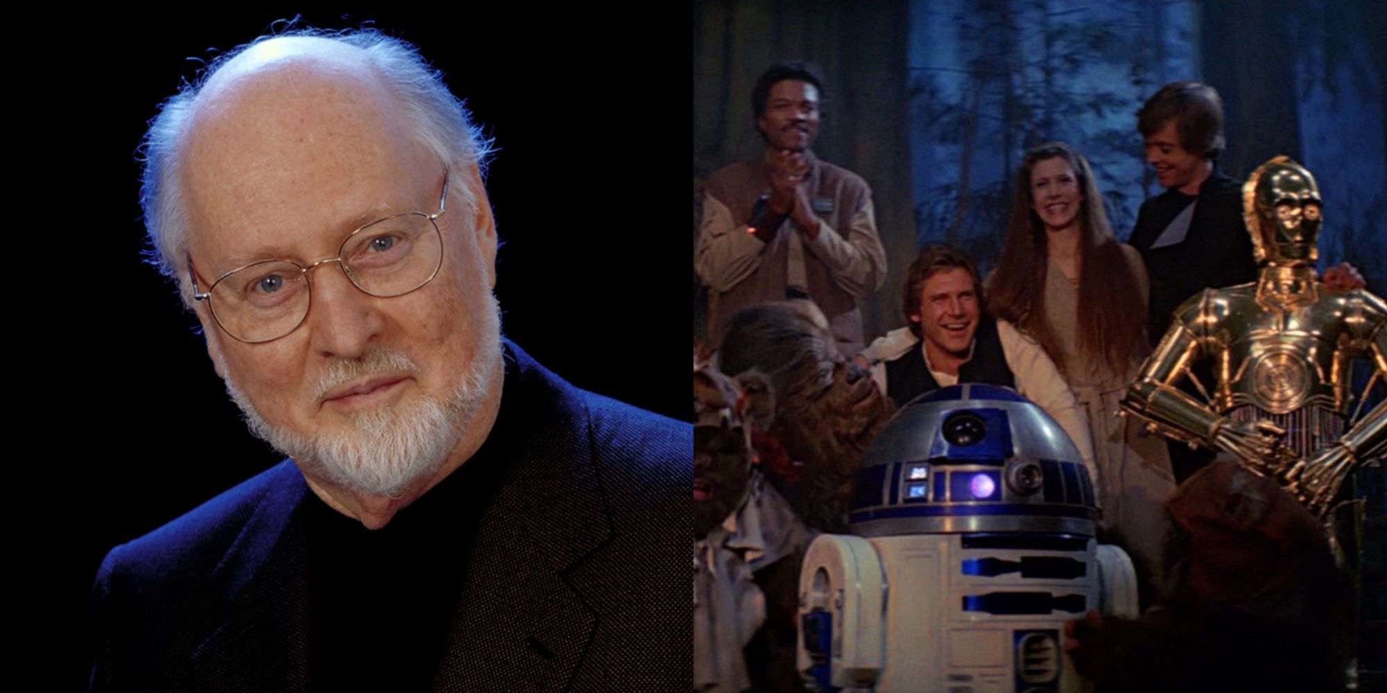 Split image of John Williams against a black background and the Rebels celebrating in Return of the Jedi