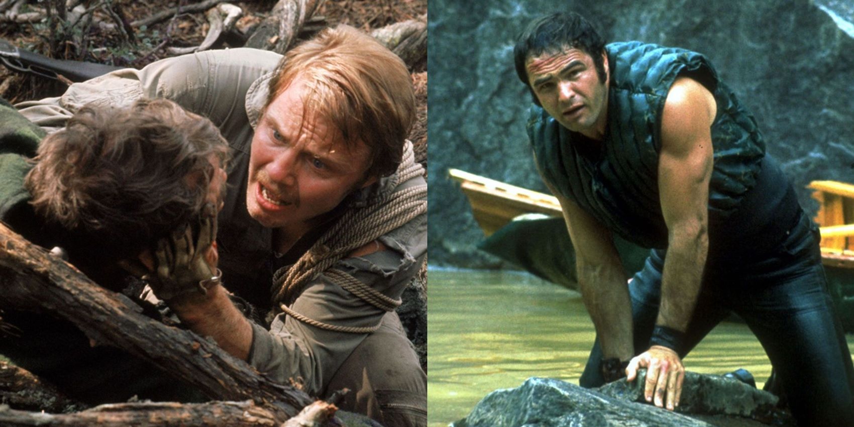 Split image of Jon Voight in the woods and Burt Reynolds on the river in Deliverance