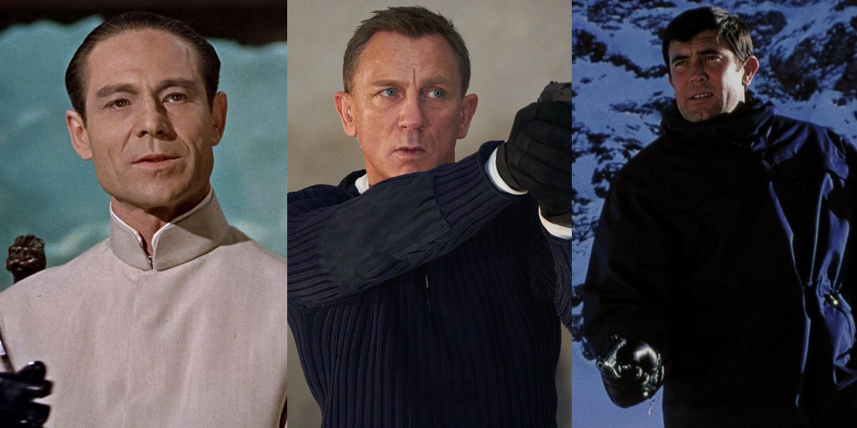 Split image of Joseph Wiseman as Dr No, Daniel Craig as Bond, and George Lazenby as Bond