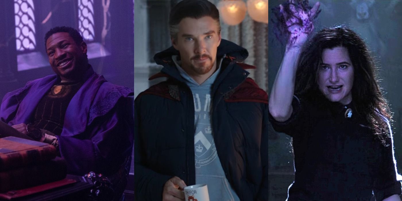Split image of Kang in Loki, Doctor Strange in Doctor Strange and Agatha Harkness casting a spell in WandaVision.