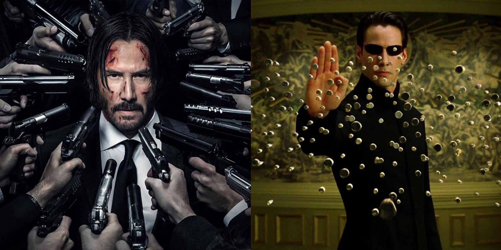 Split image of Keanu Reeves in John Wick Chapter 2 and The Matrix Reloaded