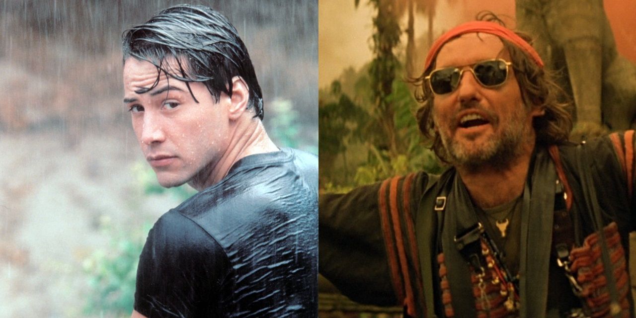 Split image of Keanu Reeves in Point Break and Dennis Hopper in Apocalypse Now