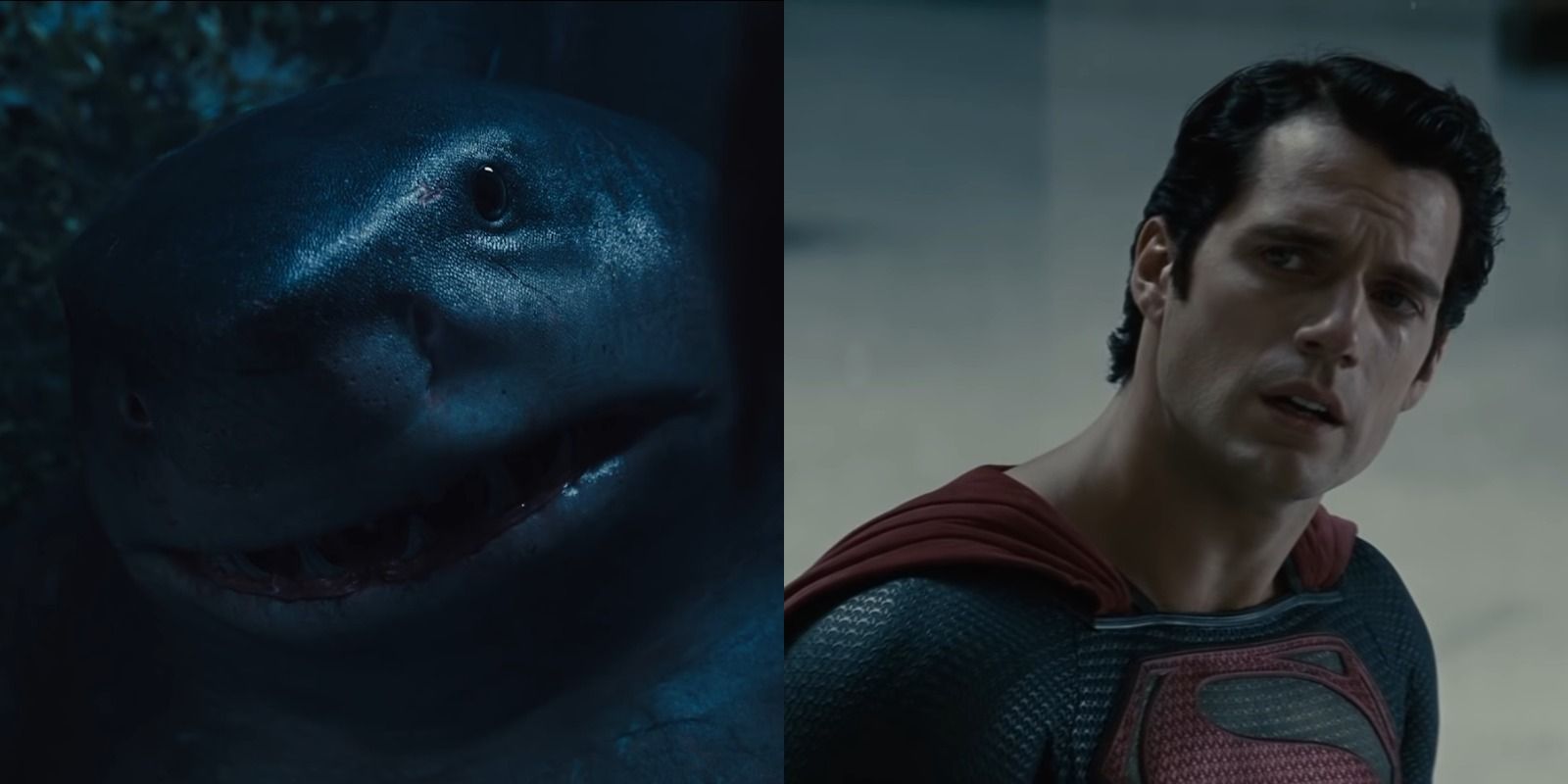 Split image of King Shark in The Suicide Squad and Superman on his knees in Man Of Steel