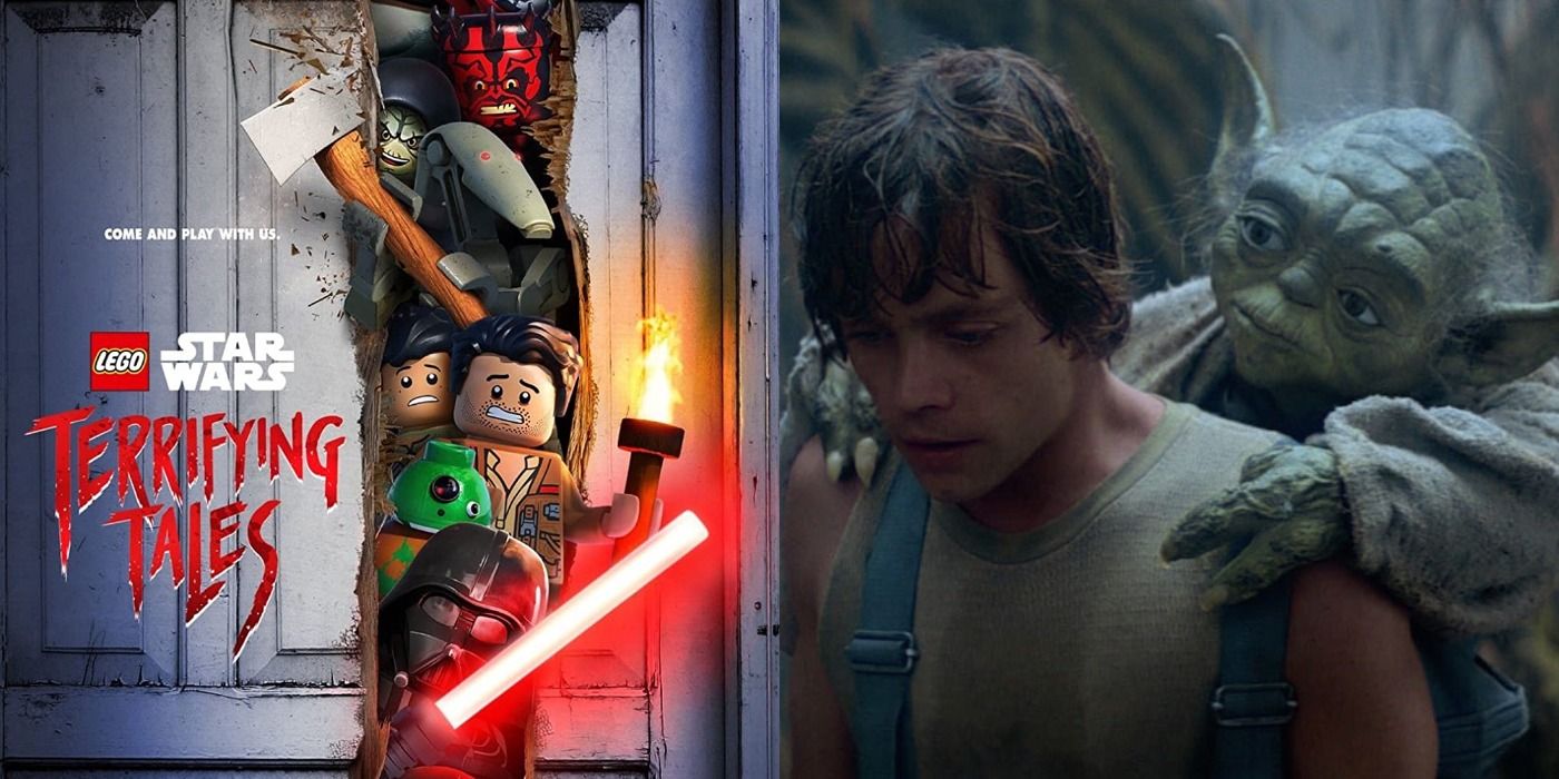 Split image of LEGO Star Wars Terrifying Tales poster & Luke Skywalker and Yoda training in Star Wars
