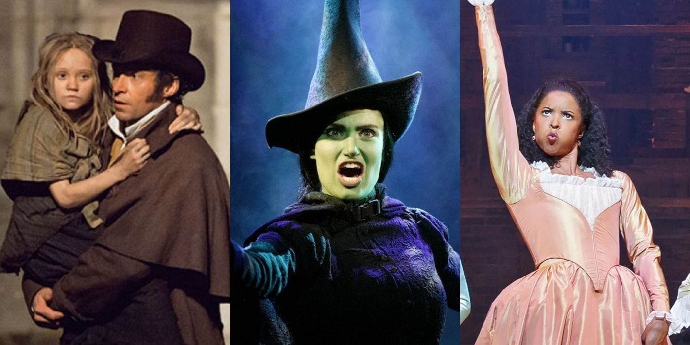 Split image of Les Miserables, Elphaba in Wicked and Angelica in Hamilton