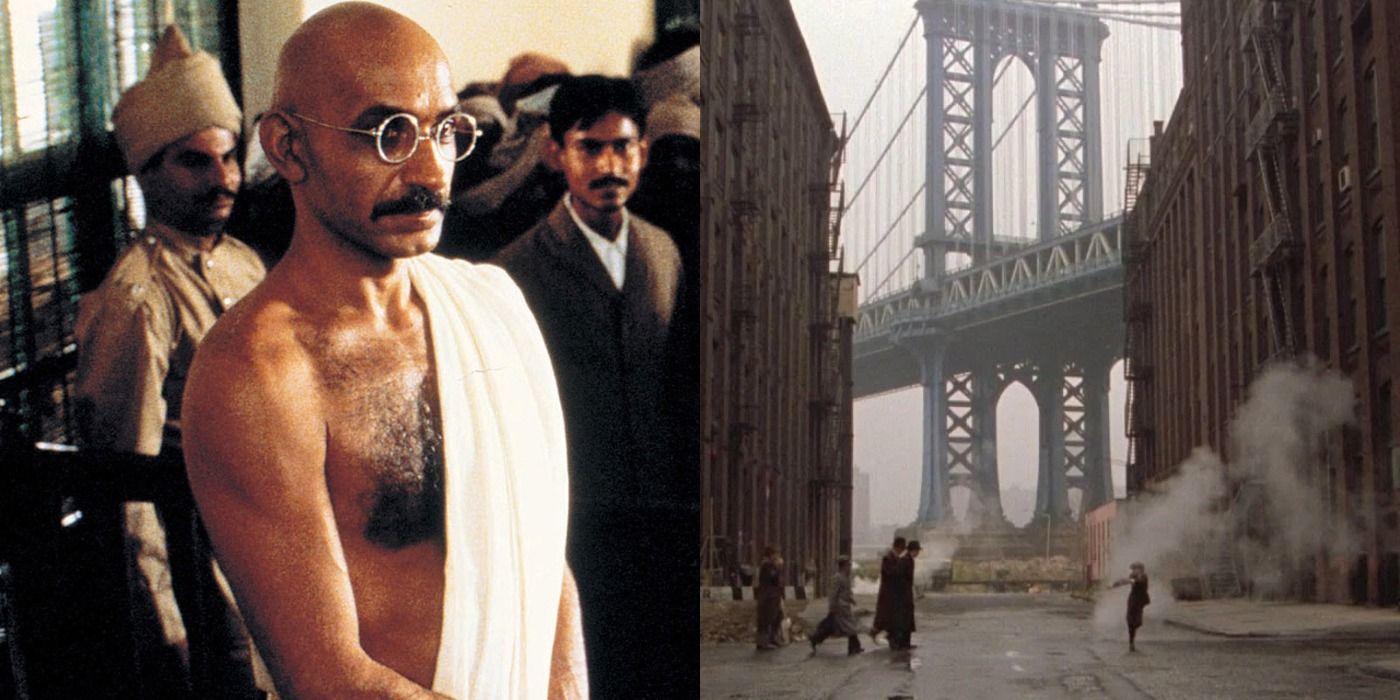 Split image of Mahatma Gandhi in Gandhi and a New York street in Once Upon A Time In America