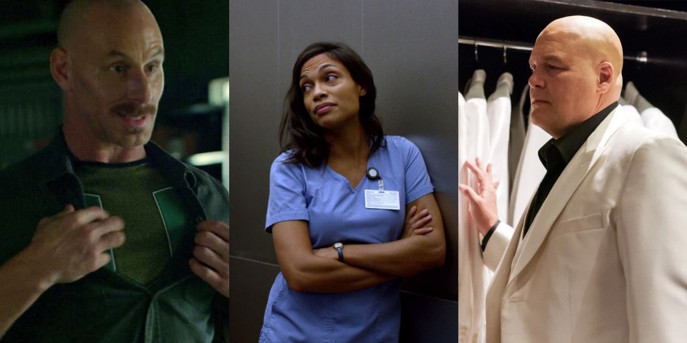 Split image of Melvin, Claire Temple and Wilson Fisk in Daredevil feature