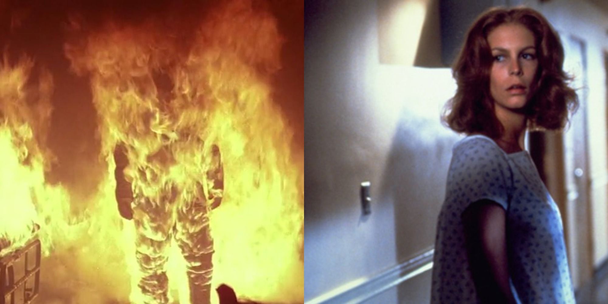 Split image of Michael Myers burning and Laurie Strode afraid