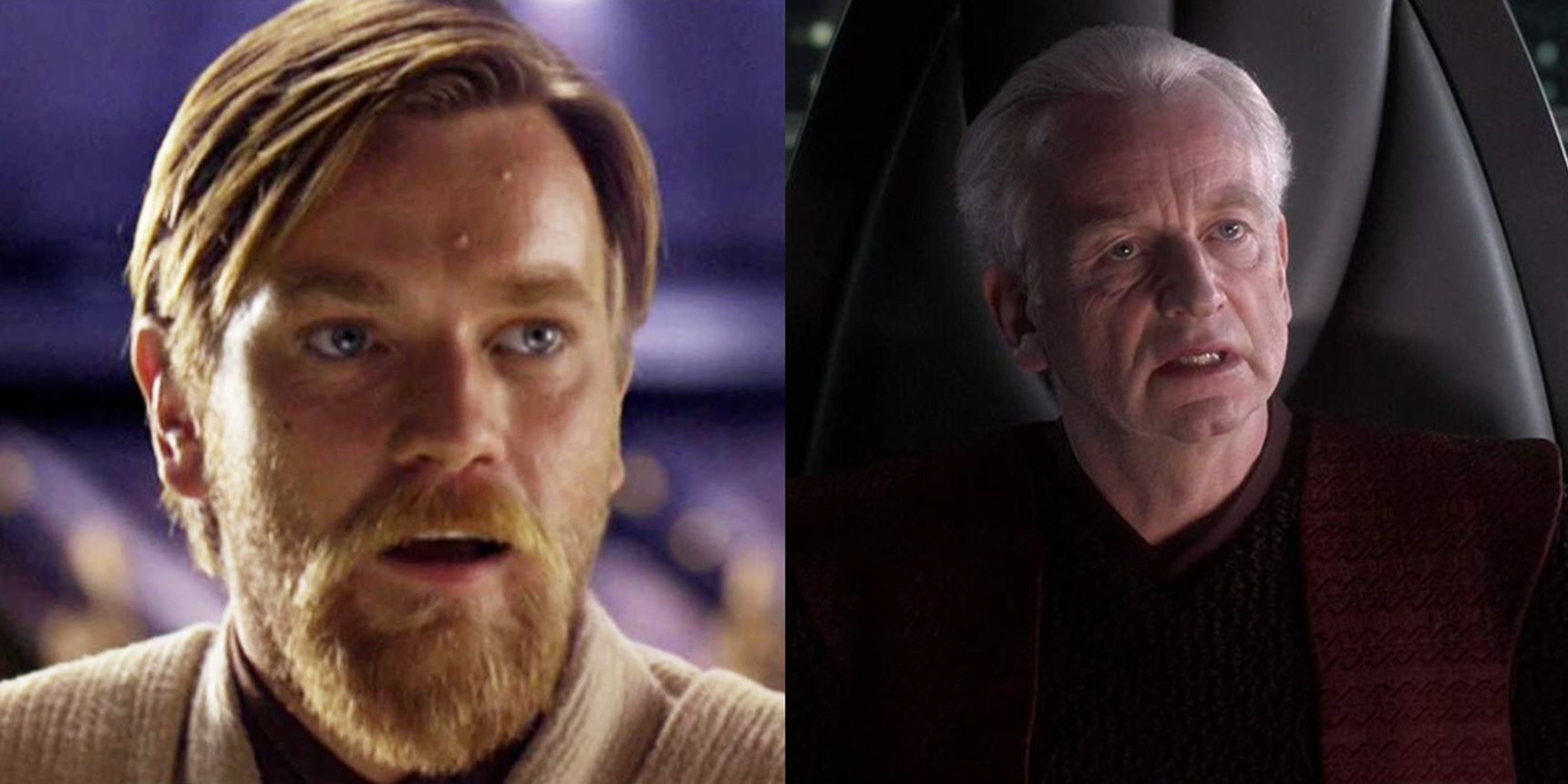Split image of Obi-Wan and Chancellor Palpatine in Revenge of the Sith