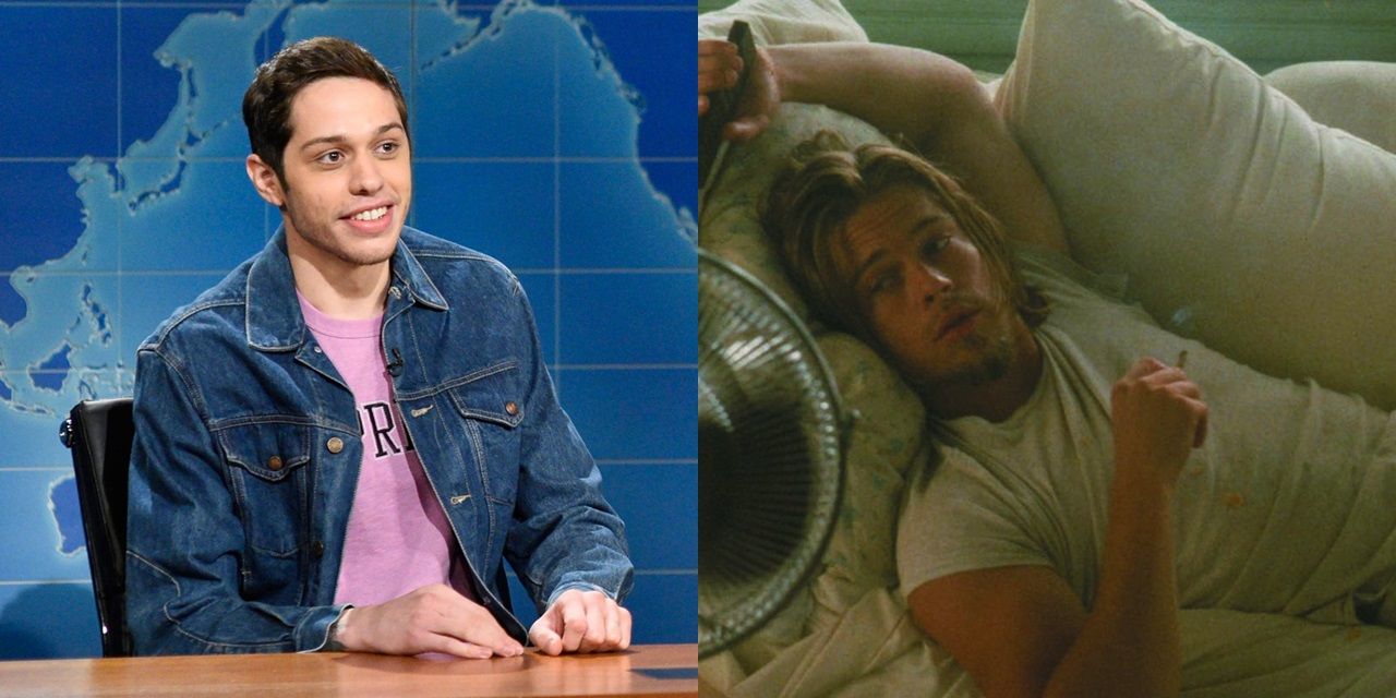 Split image of Pete Davidson on Weekend Update and Brad Pitt in True Romance