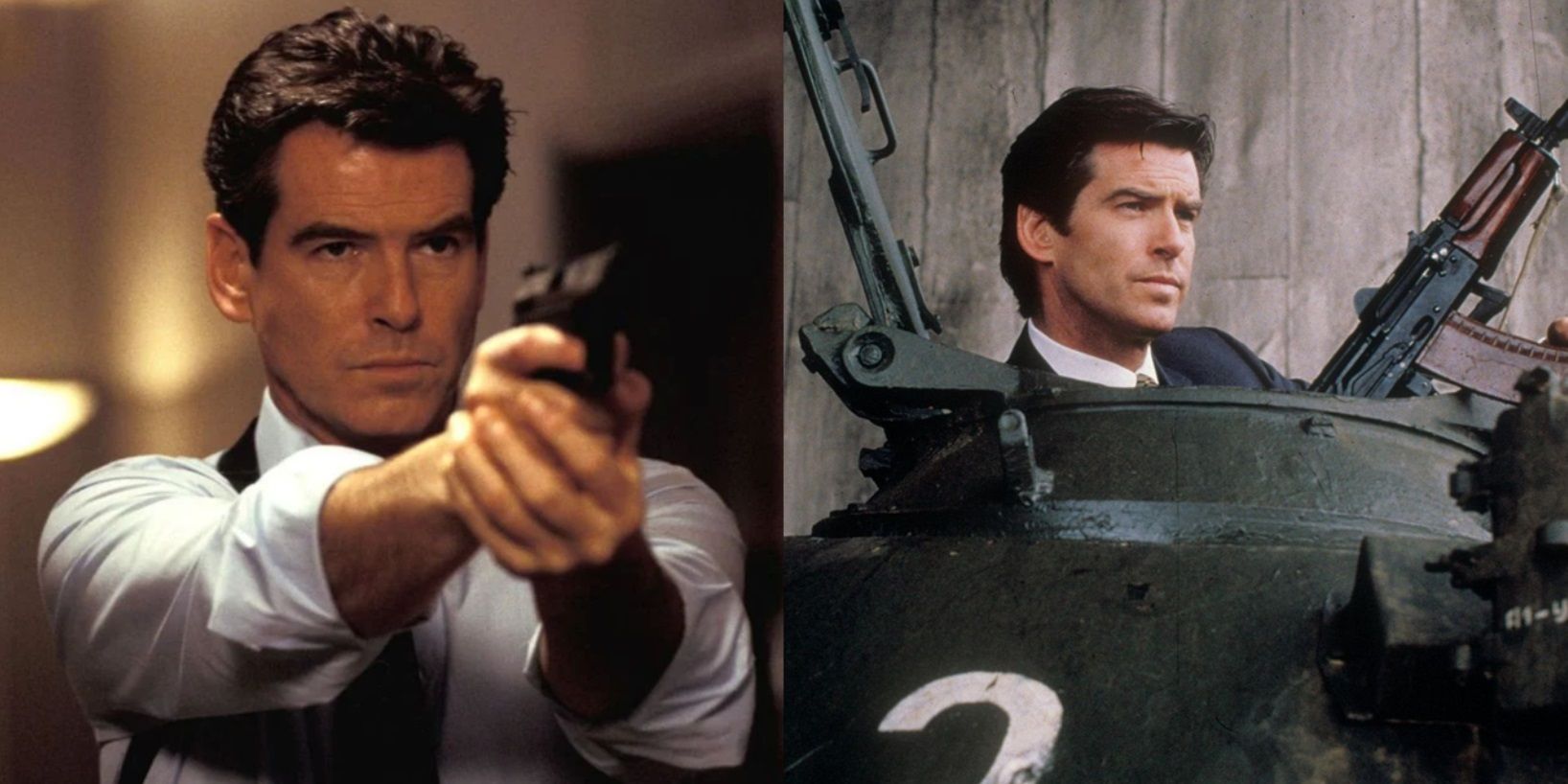 Split image of Pierce Brosnan as James Bond holding a gun and driving a tank