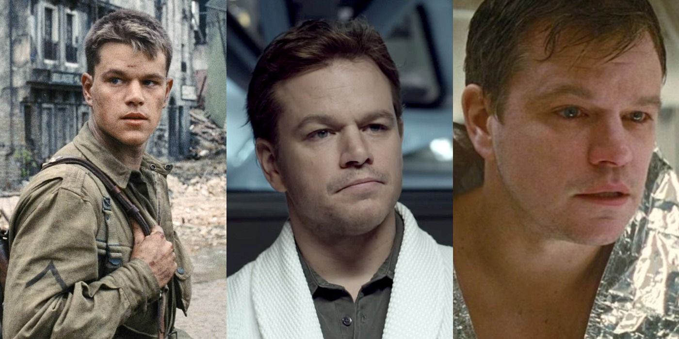 Split image of Private Ryan in Saving Private Ryan, Mark in The Martian, and Mann in Interstellar