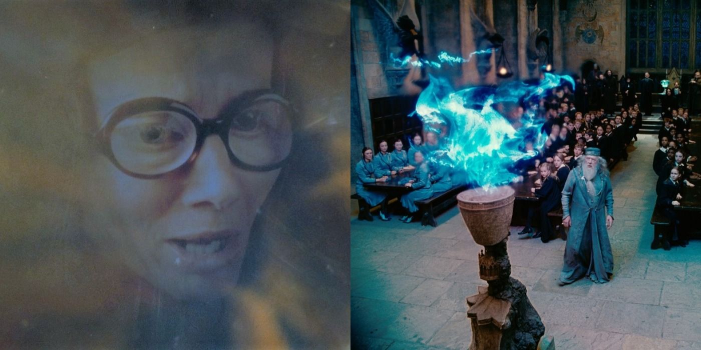 Split image of Professor Trewlany's prophecy and Harry's name coming out of the Goblet of Fire