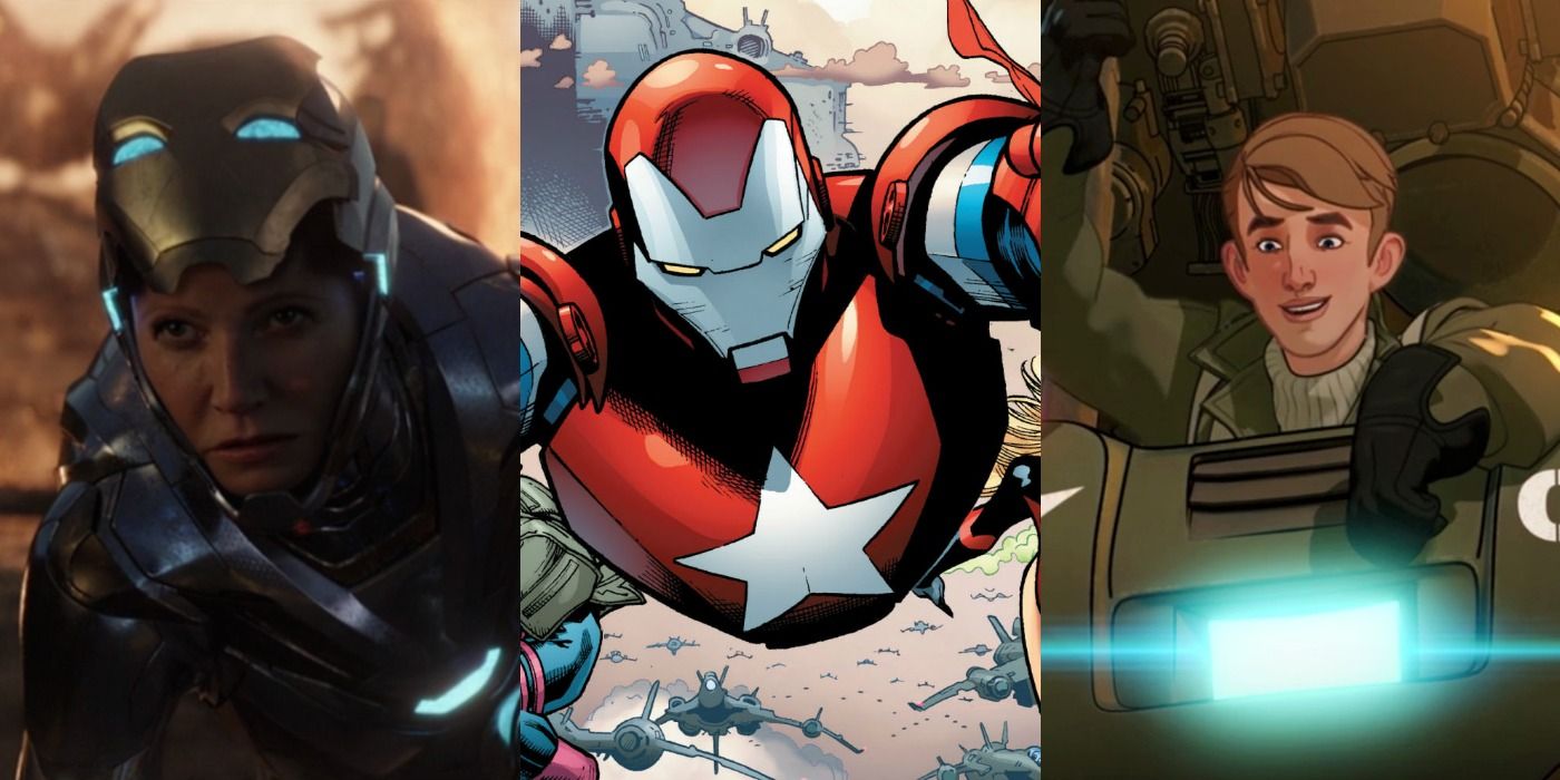 Split image of Rescue, Iron Patriot and Steve Rogers in the Hydra Stomper armor MCU feature