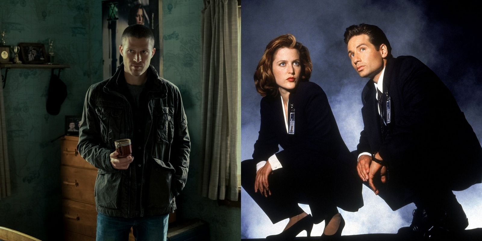 Split image of Riley Flynn standing in his bedroom in Midnight Mass and Dana Scully and Fox Mulder of The X Files