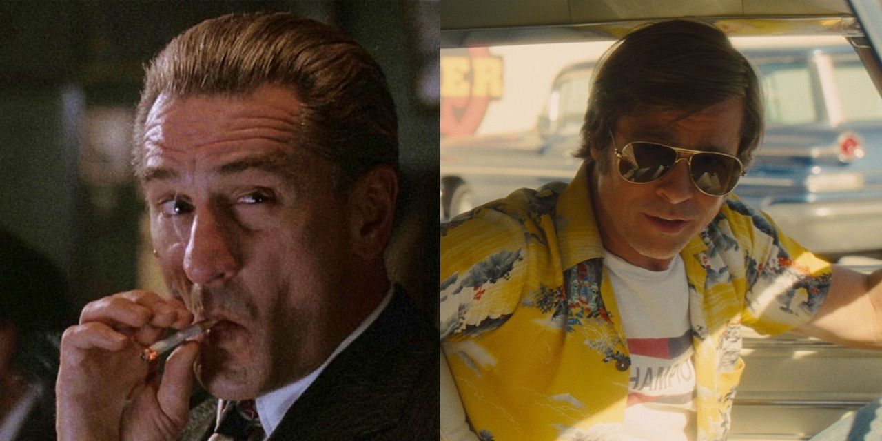 Split image of Robert De Niro in Goodfellas and Brad Pitt in Once Upon a Time in Hollywood