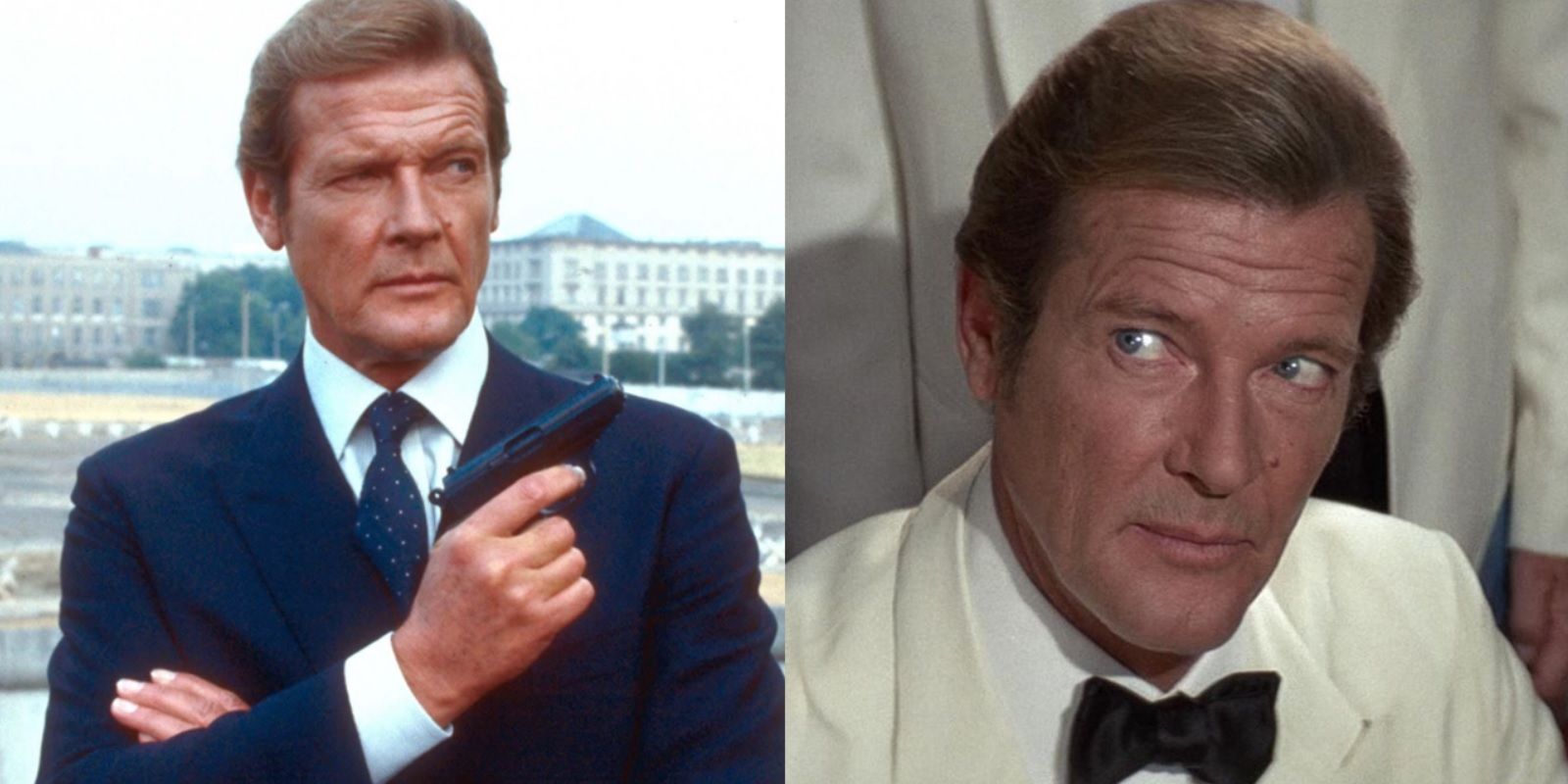 Split image of Roger Moore holding a gun and wearing a tuxedo as James Bond