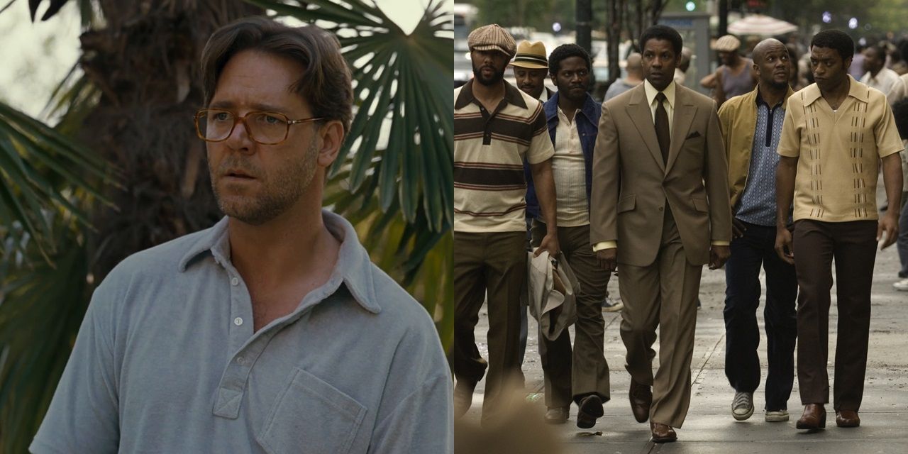 Split image of Russell Crowe in A Good Year and Denzel Washington in American Gangster
