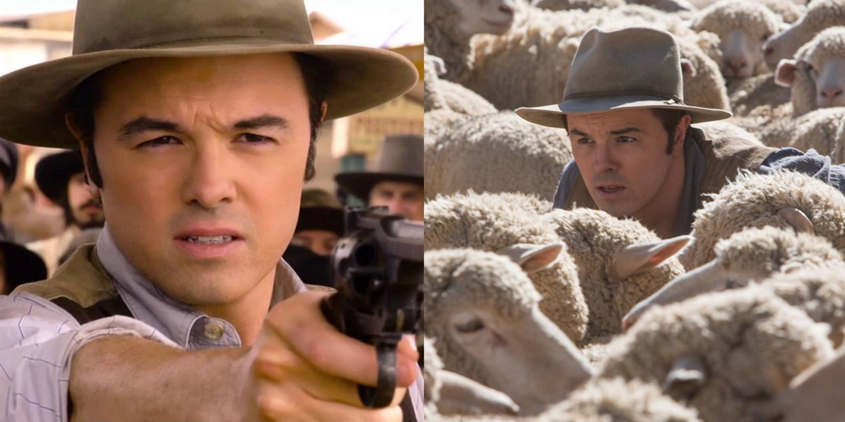 Split image of Seth MacFarlane holding a pistol and herding sheep in A Million Ways to Die in the West