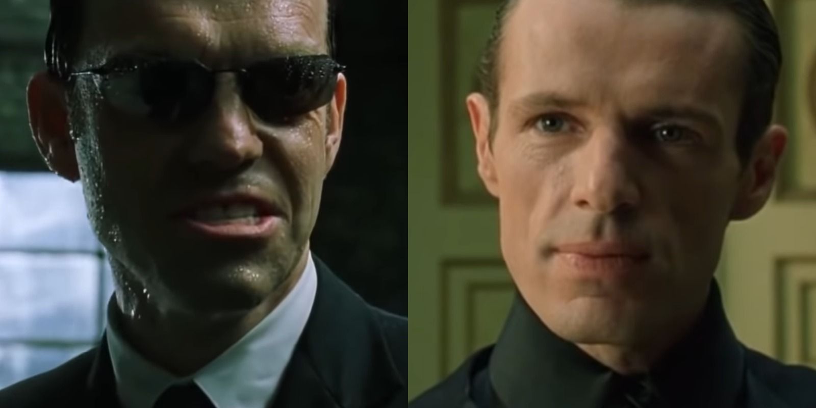 Split image of Smith in Matrix Revolutions and The Merovingian in The Matrix Reloaded