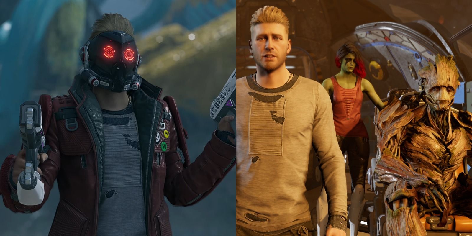 Split image of Star-Lord on Seknarf Nine and on the Milano with Gamora and Groot in Marvel's Guardians Of The Galaxy