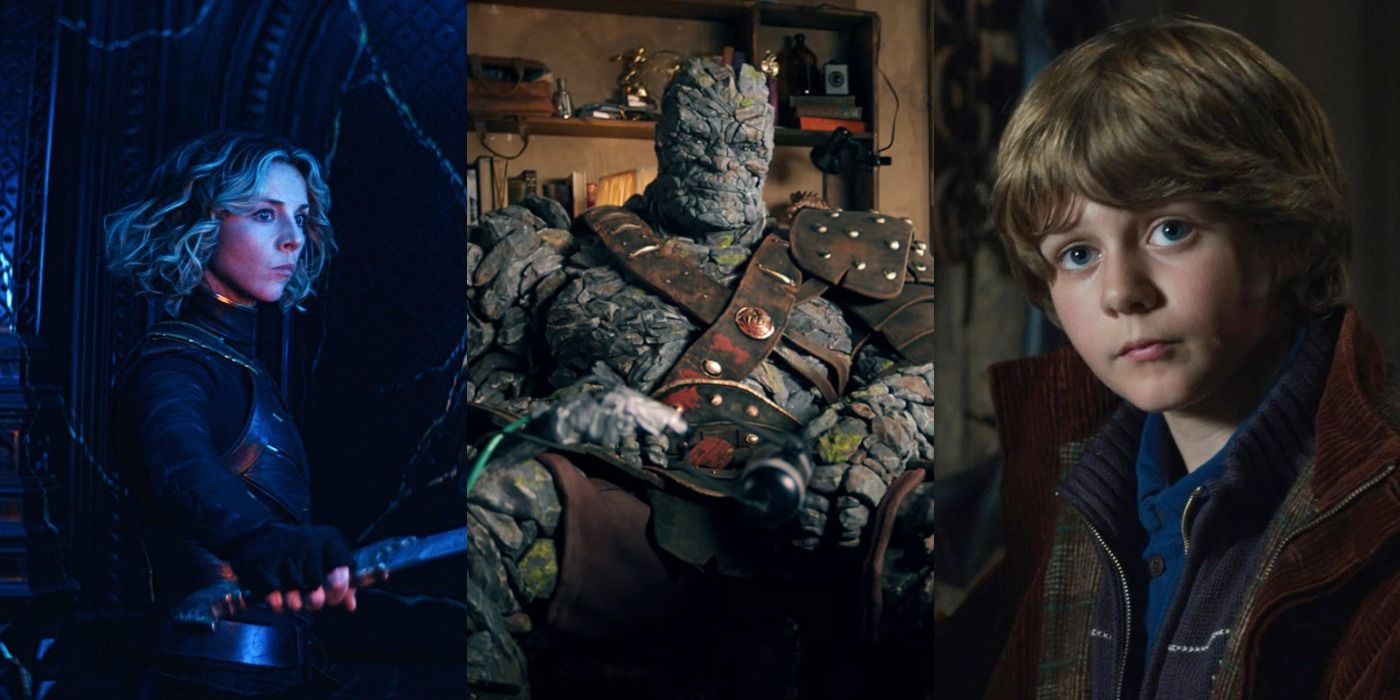 Split image: Sylvie in Loki, Korg in Thor: Ragnarok, and Harley Keener in Iron Man 3.