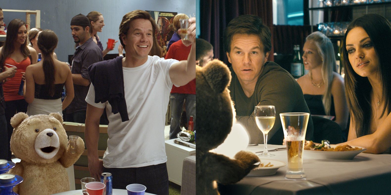 Split image of Ted, John, and Lori in Seth MacFarlane's Ted