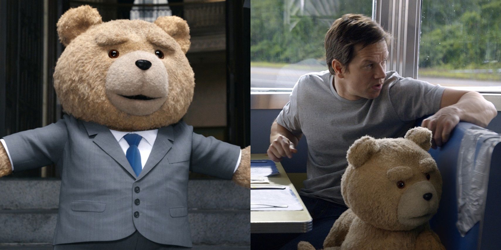 Split image of Ted in a suit and Ted and John in a diner in Seth MacFarlane's Ted 2