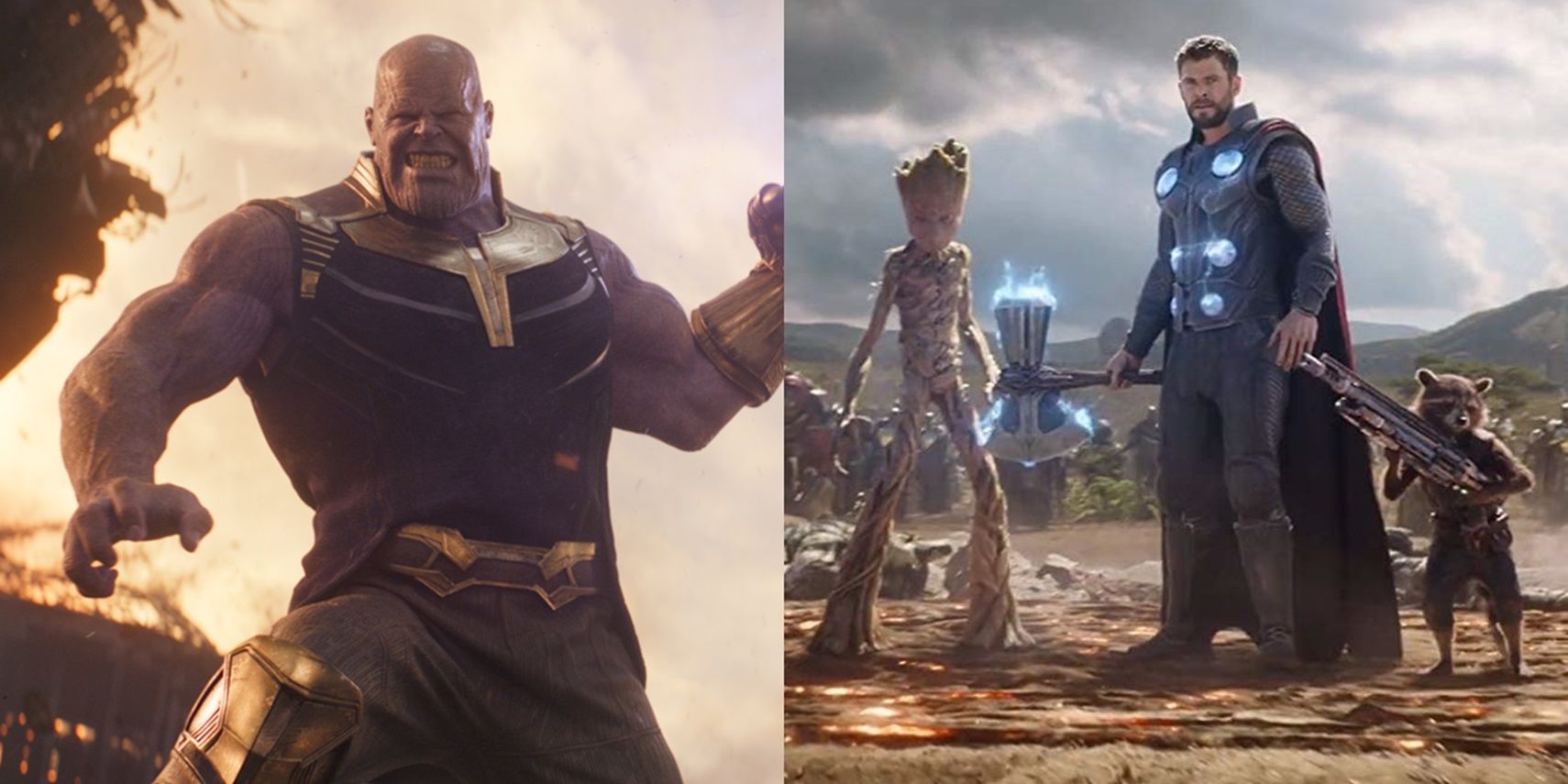Split image of Thanos on Titan and Thor, Rocket, and Groot in Wakanda in Avengers Infinity War