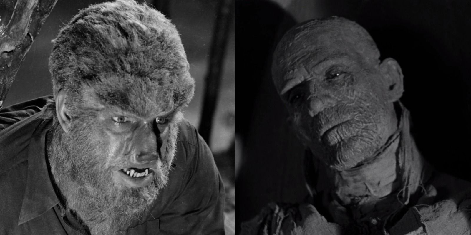 Split image of The Wolf Man skulking through the woods in The Wolf Man and Imhotep awakening in his sarcophagus in The Mummy