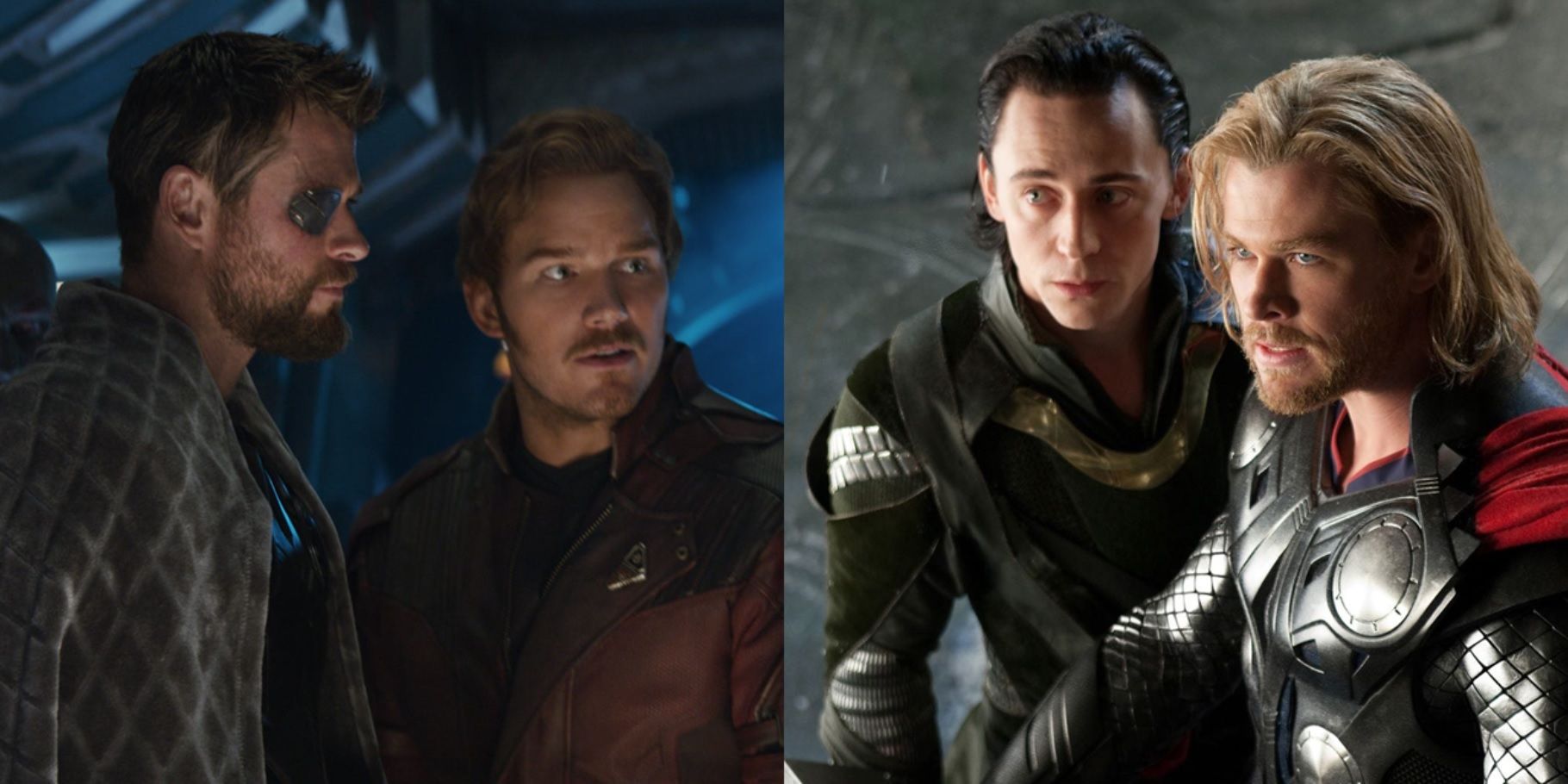 Split image of Thor and Star-Lord in Avengers Infinity War and Thor and Loki in Thor