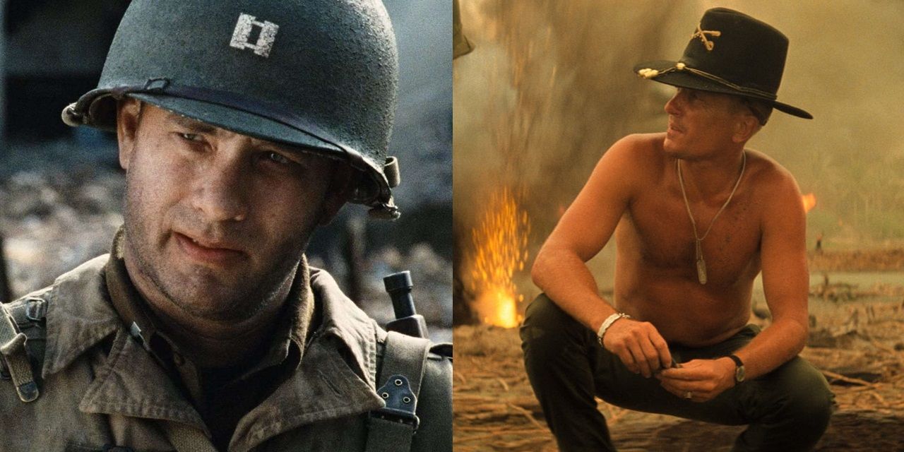 Split image of Tom Hanks in Saving Private Ryan and Robert Duvall in Apocalypse Now