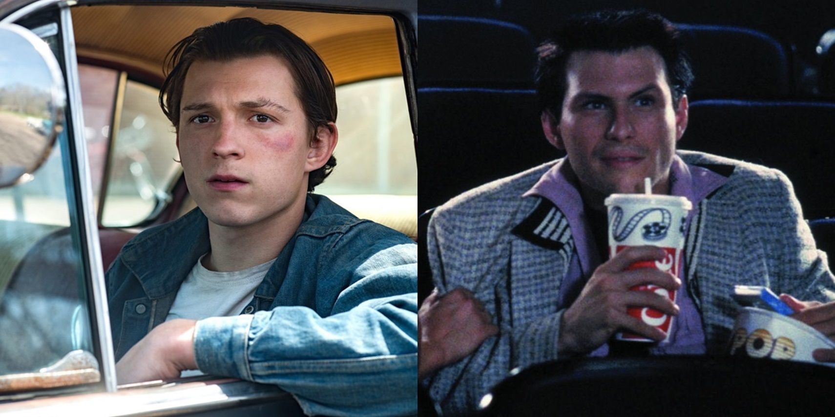 Split image of Tom Holland in The Devil All the Time and Christian Slater in True Romance