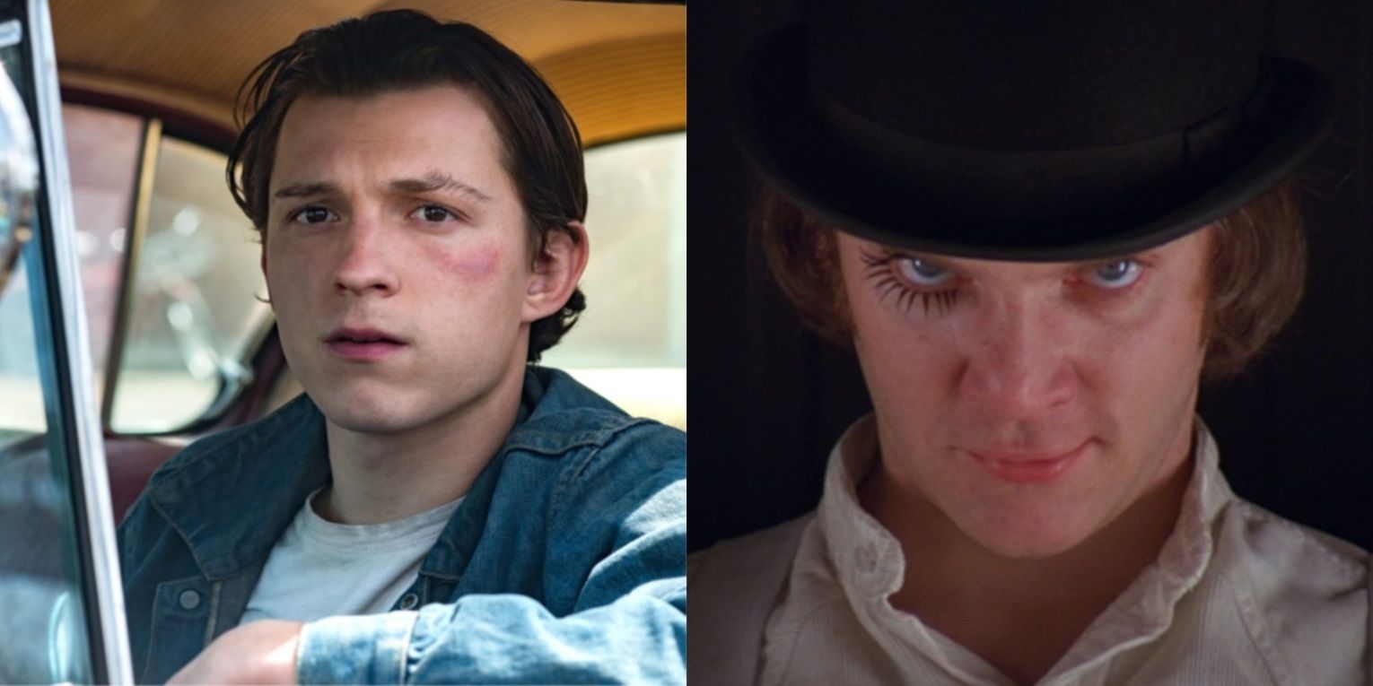Split image of Tom Holland in The Devil All the Time and Malcolm McDowell in A Clockwork Orange