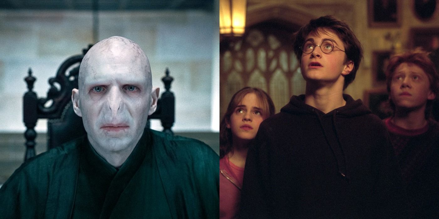Split image of Voldemort and the Golden Trio in Harry Potter