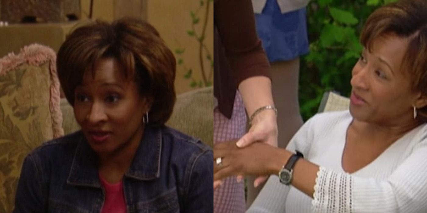 Split image of Wanda in the David household and Wanda showing off her engagement ring in Curb Your Enthusiasm