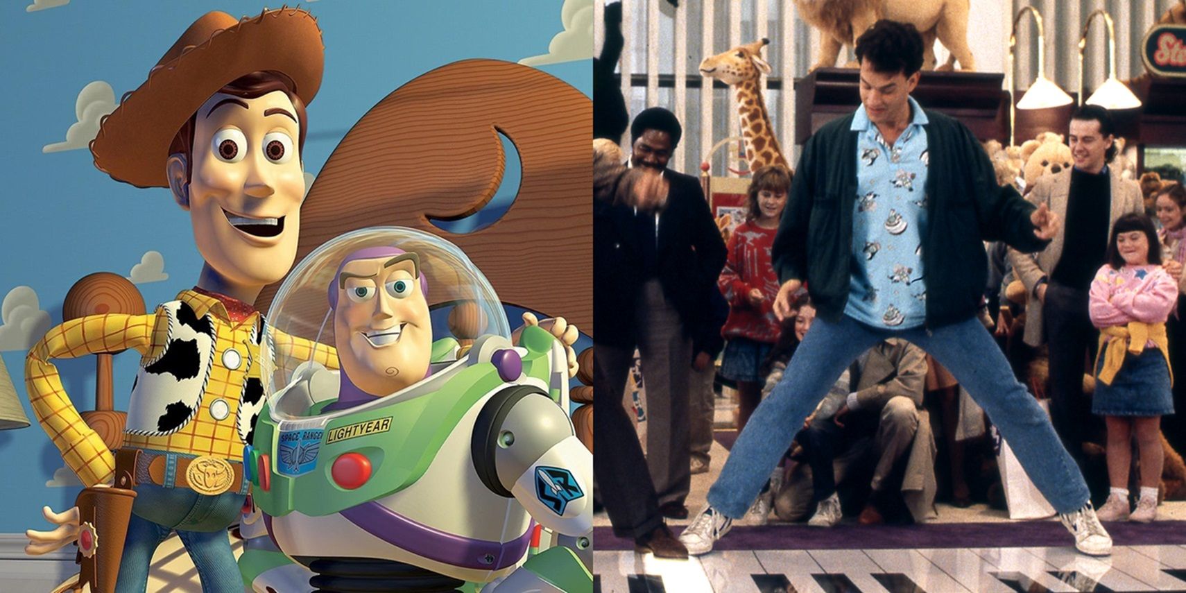 Split image of Woody and Buzz in Toy Story and Tom Hanks playing a floor piano in Big