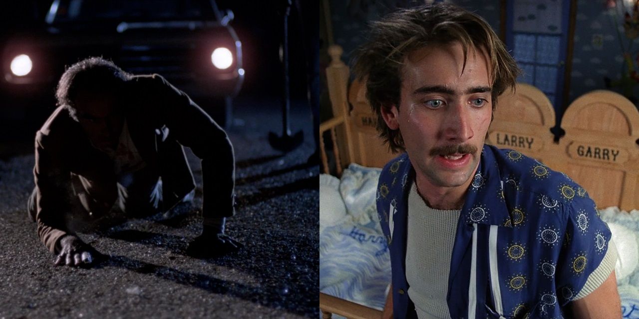 Split image of a bloodied man in Blood Simple and Nicolas Cage in Raising Arizona