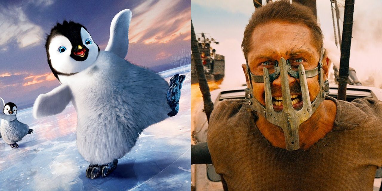 Split image of a penguin in Happy Feet Two and Tom Hardy in Mad Max Fury Road