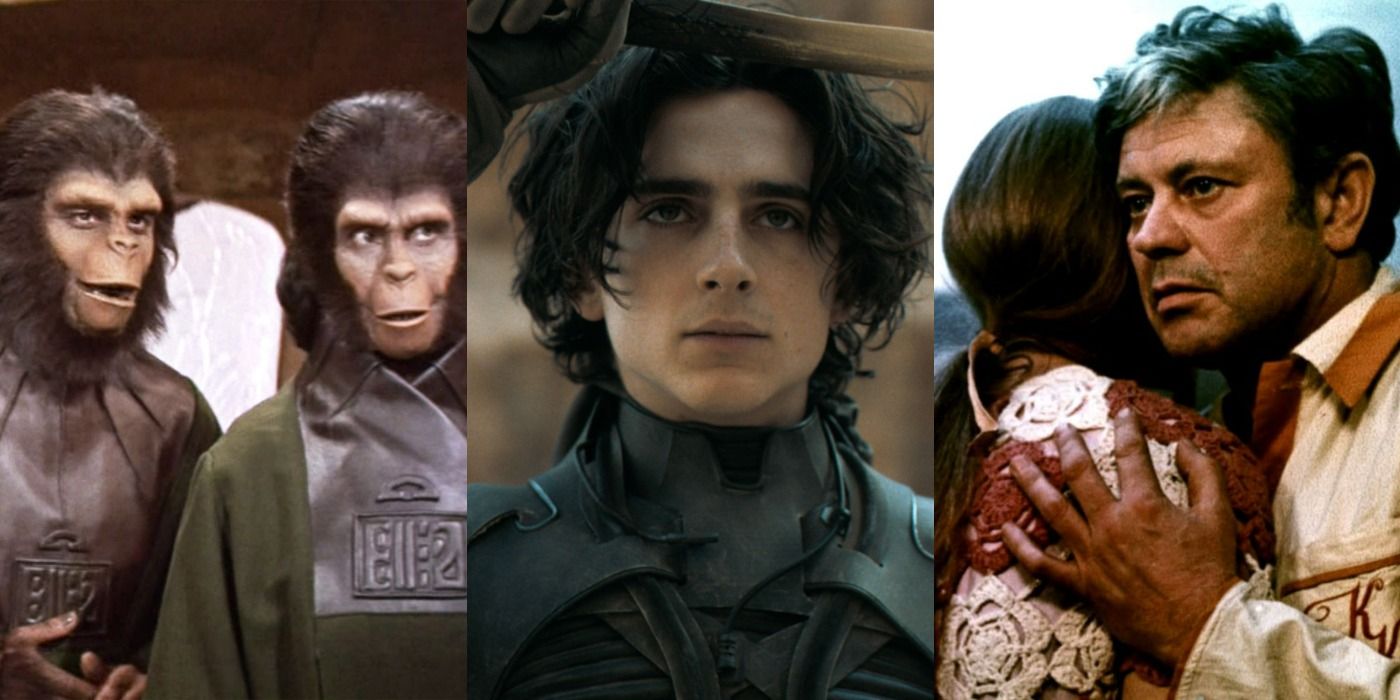 Split images from Planet of the Apes (1968), Dune (2021), and Solaris (1972)