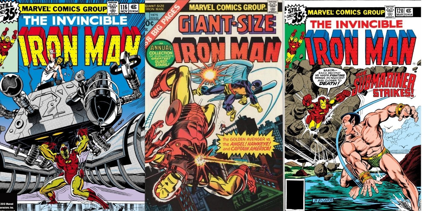 Split images of Iron Man comic covers from the 1970s.