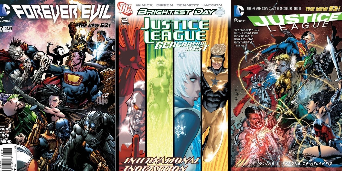 Split image: Justice League on covers of Forever Evil #7, Generation Lost #2, Throne of Atlantis TPB